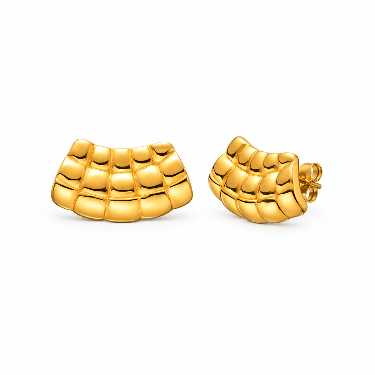 Gold-tone textured fan stud earrings on pure white background