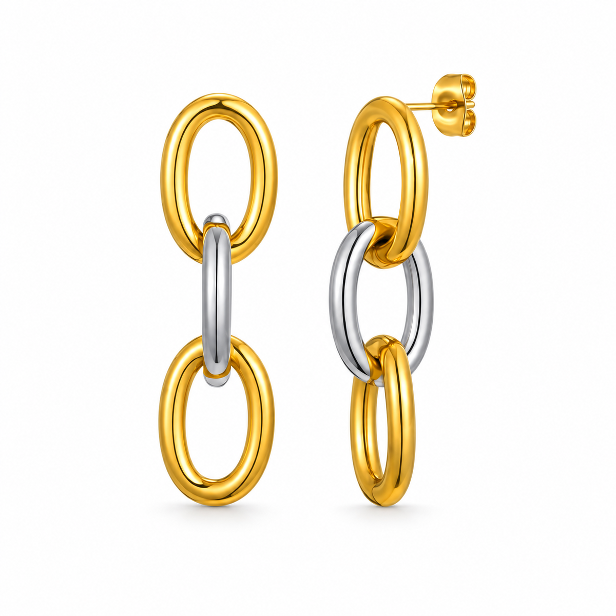 Two-tone triple oval-link drop earrings on pure white background