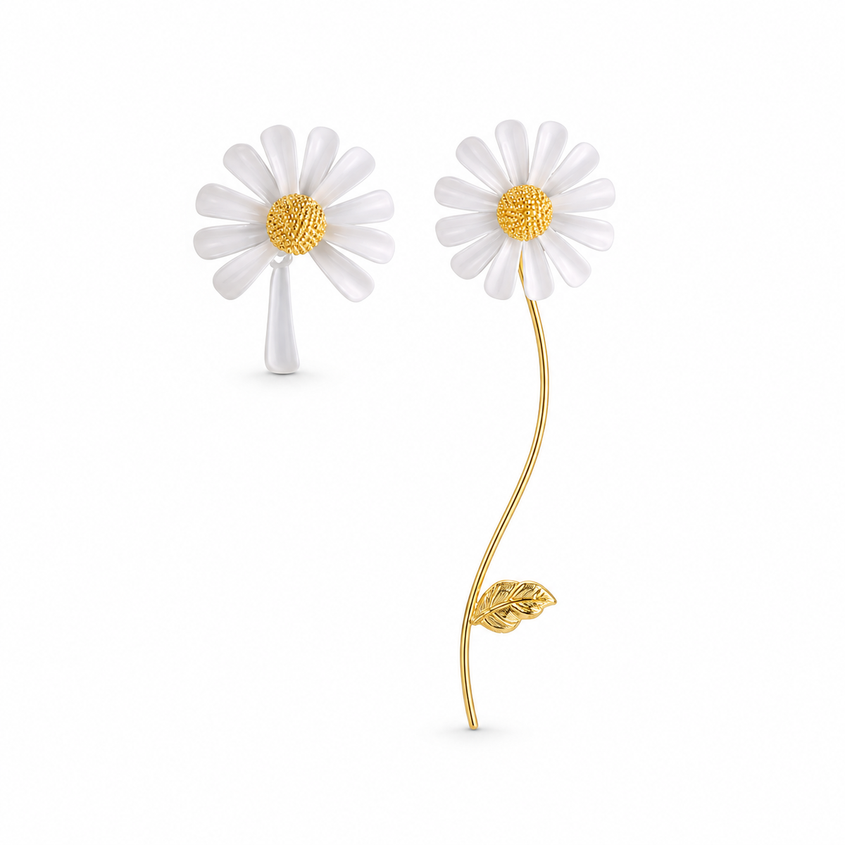 Asymmetric white daisy statement earrings on pure white background