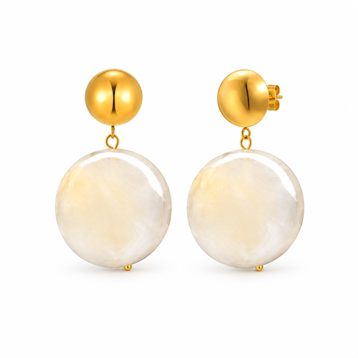Ivory shell-disc drop earrings on pure white background