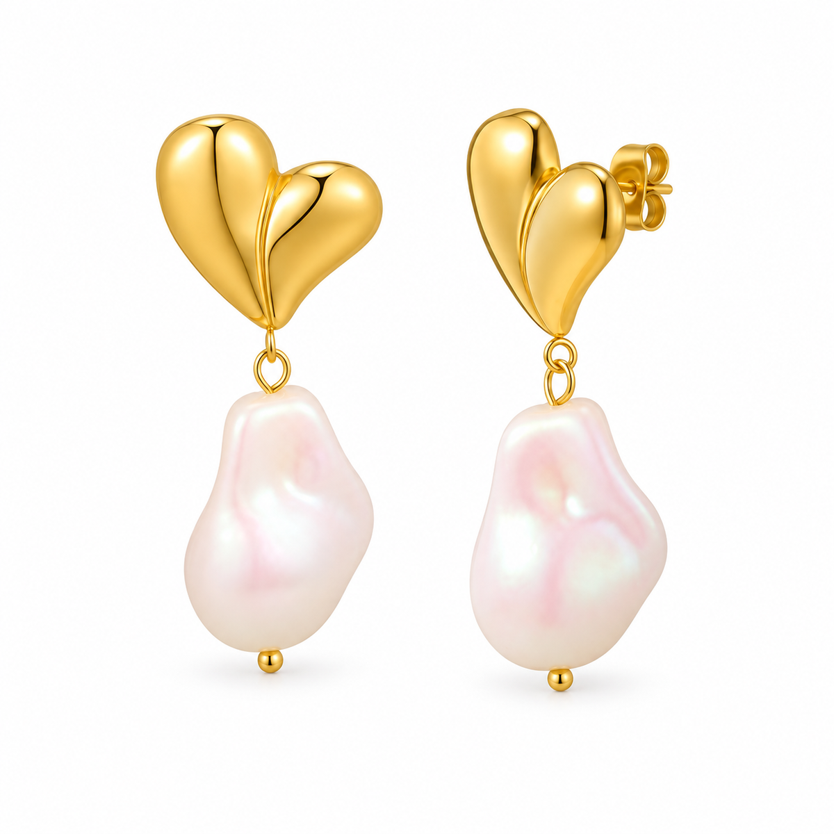 Gold-tone double-heart baroque pearl drop earrings on pure white background