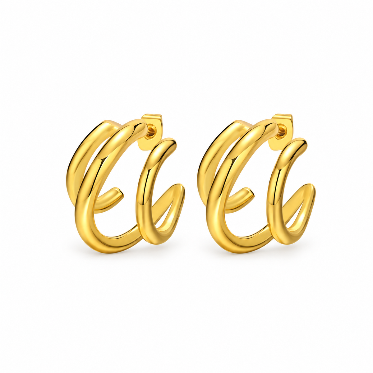 Gold-tone double-loop open hoop earrings on pure white background