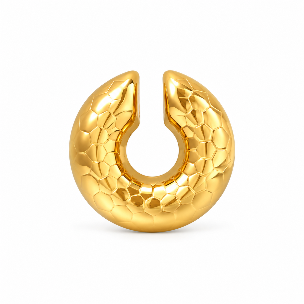 Gold-tone hammered chunky open hoop earring on pure white background