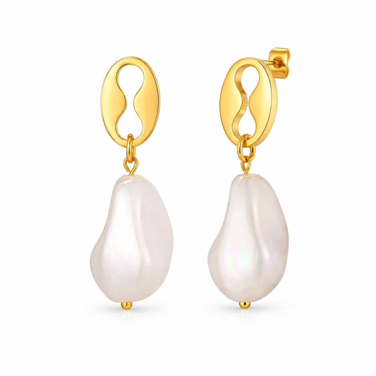 Gold-tone infinity baroque pearl drop earrings on pure white background