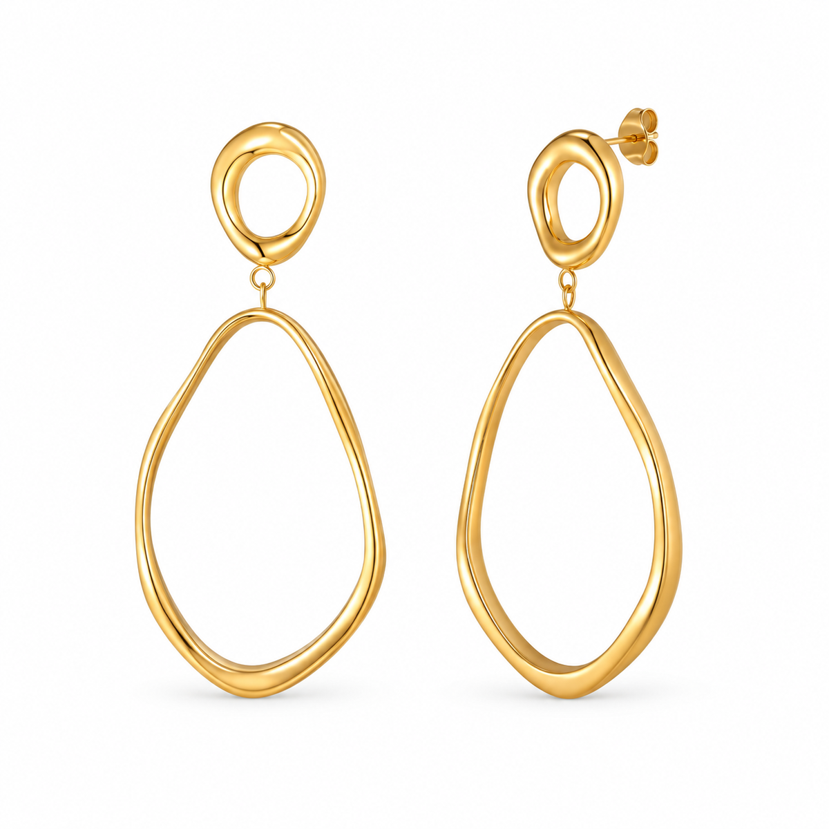 Gold-tone organic open teardrop earrings on pure white background