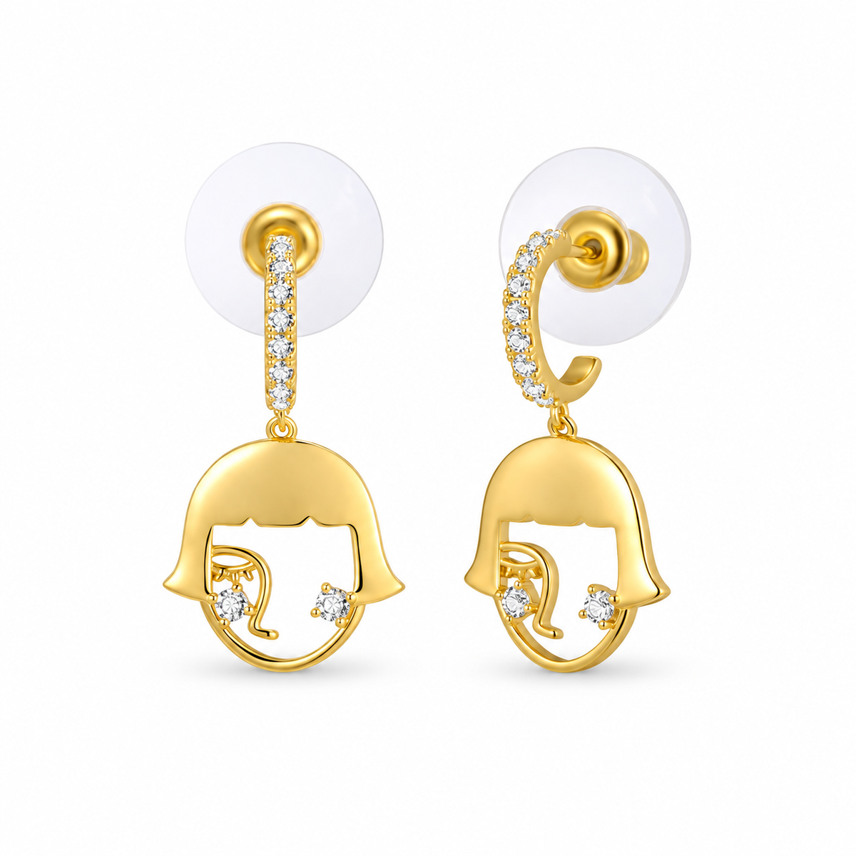 Gold-tone crystal abstract face drop earrings on pure white background