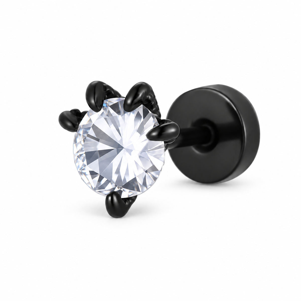 Black-tone clear crystal single stud earring on pure white background