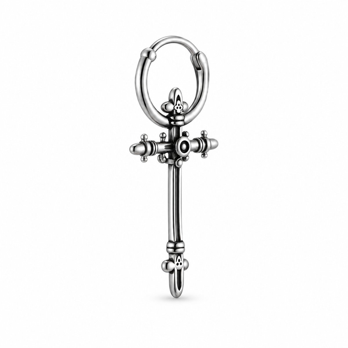 Antique-silver ornate cross single hoop earring on pure white background