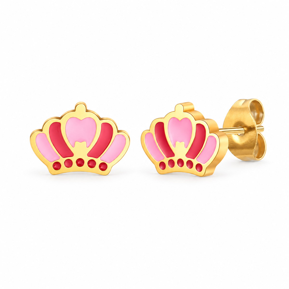 Gold-tone pink enamel crown stud earrings on pure white background