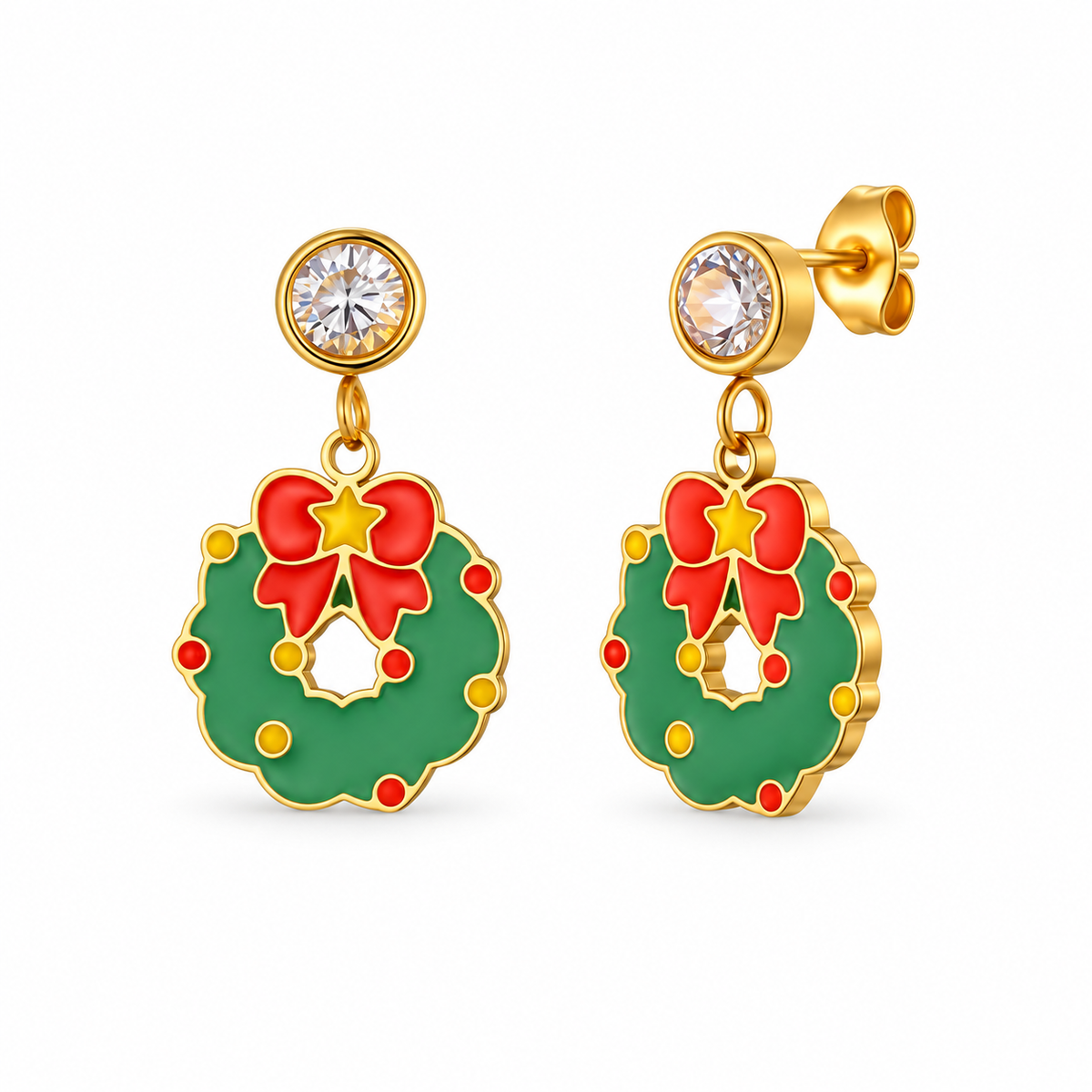 Gold-tone crystal Christmas wreath drop earrings on pure white background