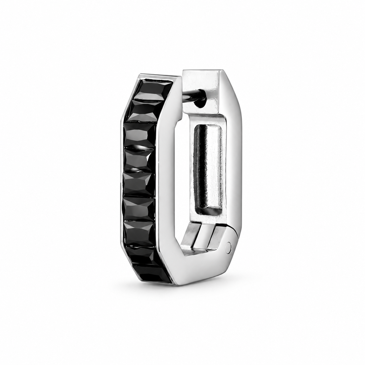 Silver-tone black crystal rectangular single huggie earring on pure white background