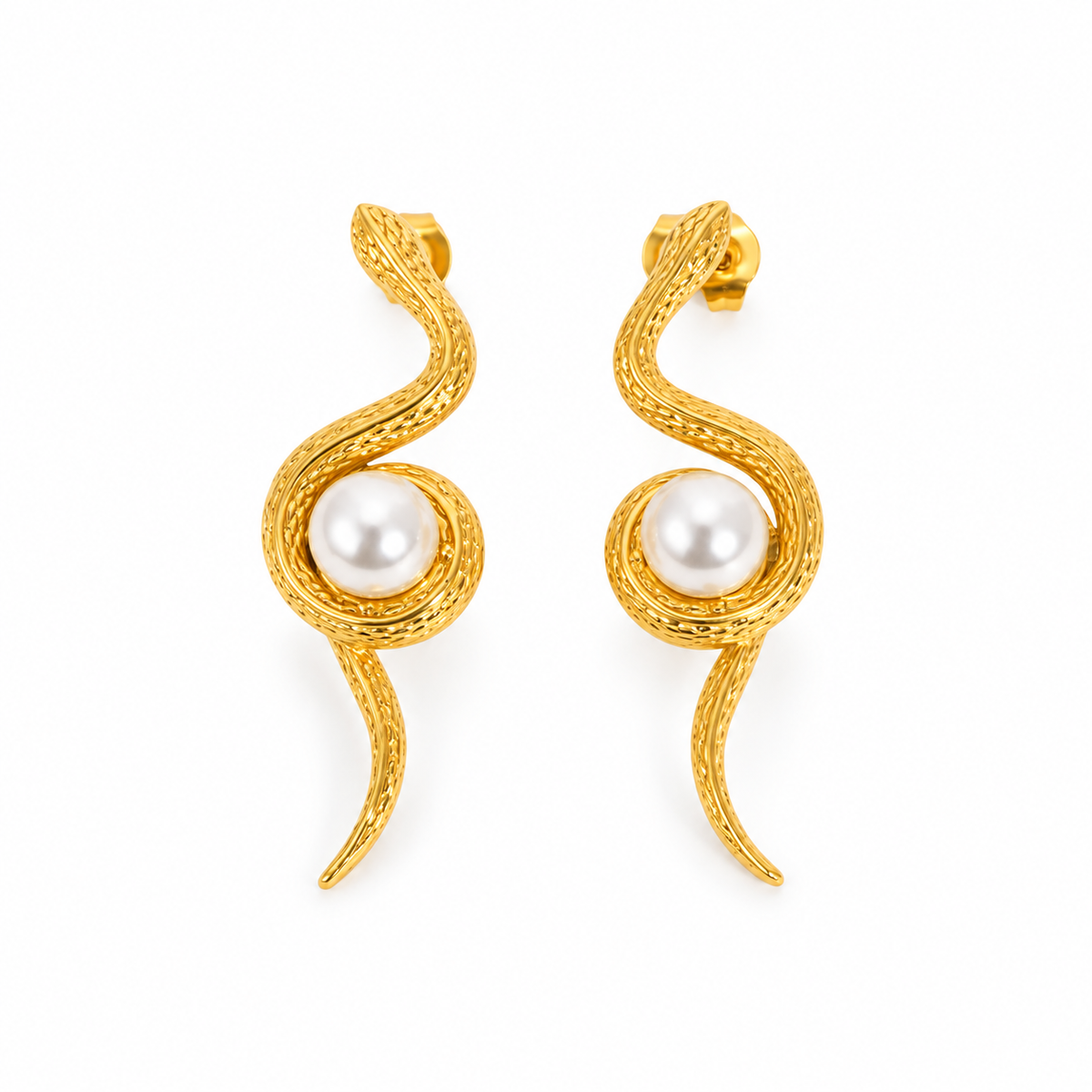 Gold-tone sculptural pearl S-curve earrings on pure white background