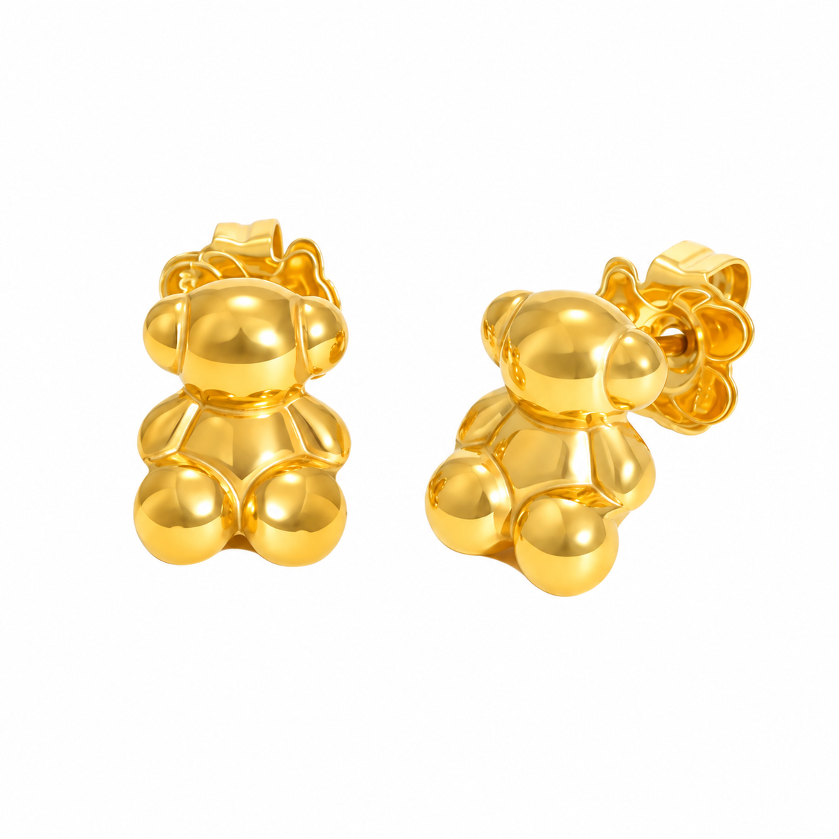 Gold-tone teddy bear stud earrings on white background