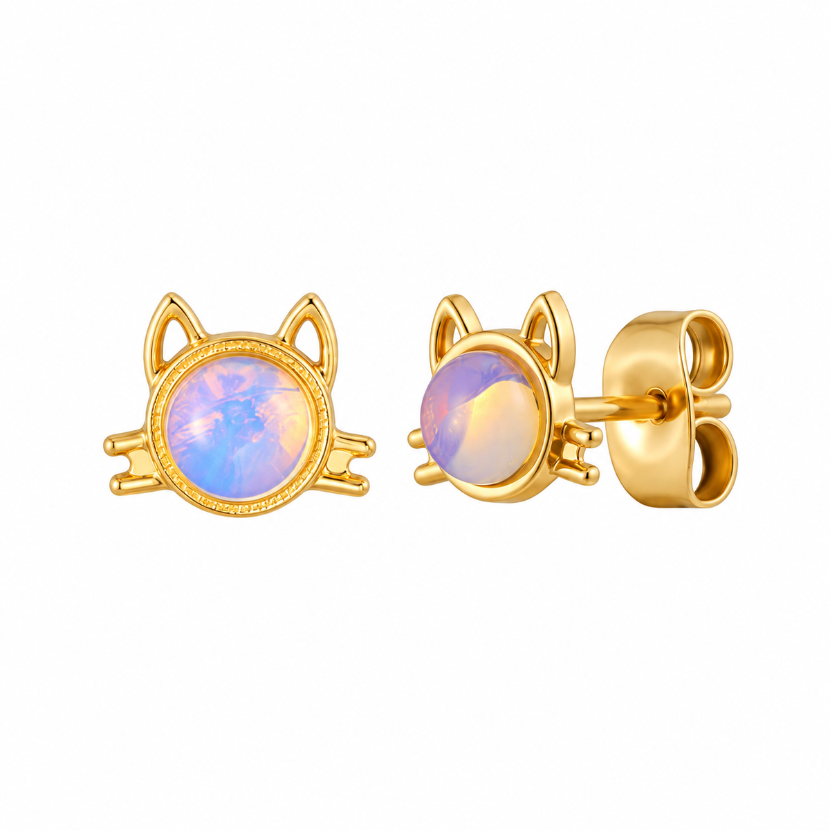 Gold-tone opalescent cat stud earrings on white background
