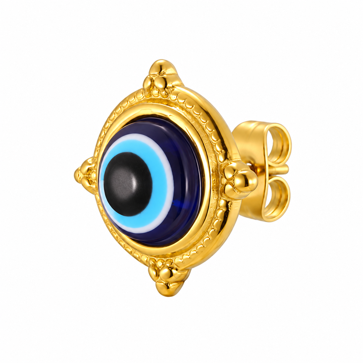 Gold-tone blue evil eye stud earring on white background