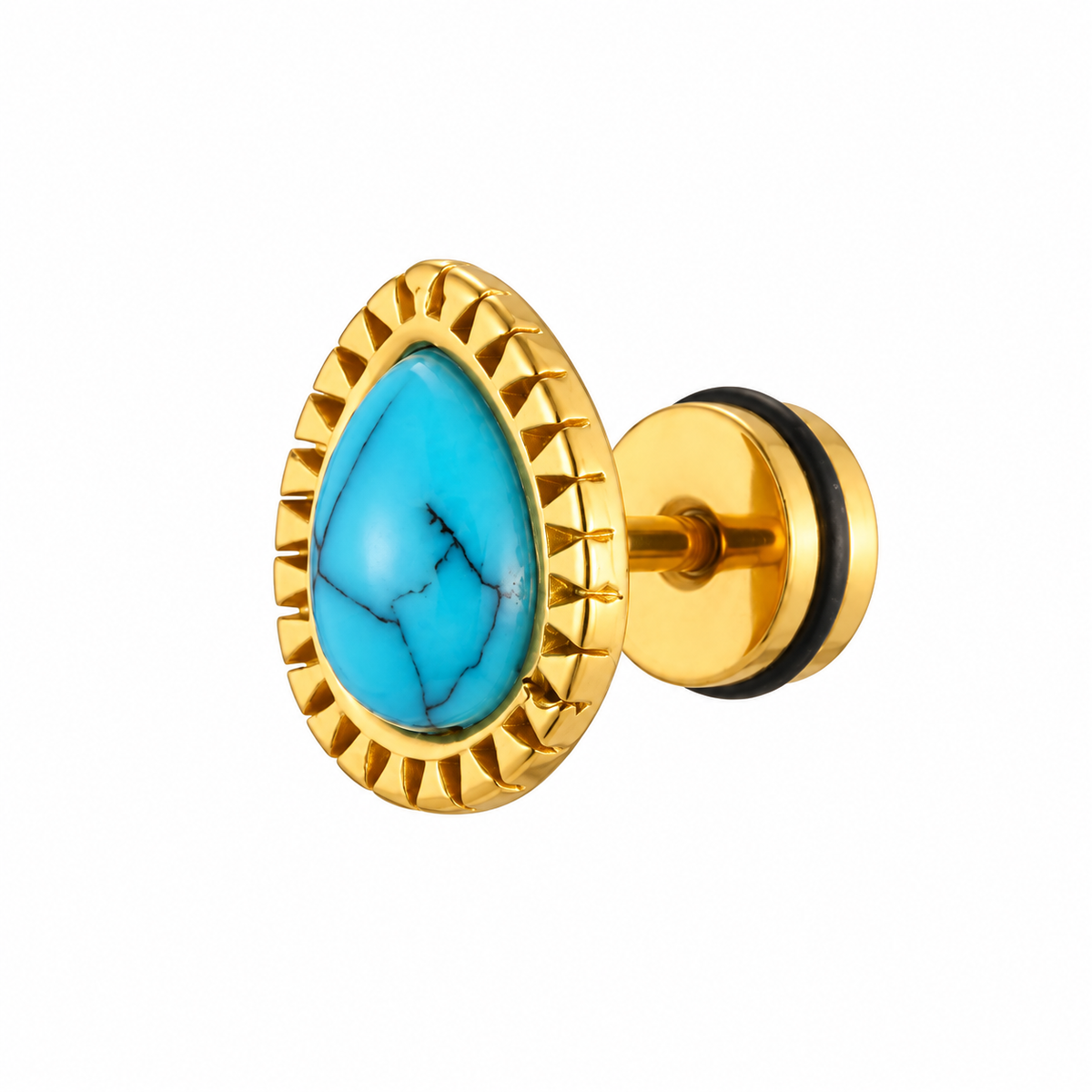 Gold-tone turquoise teardrop stud earring on white background
