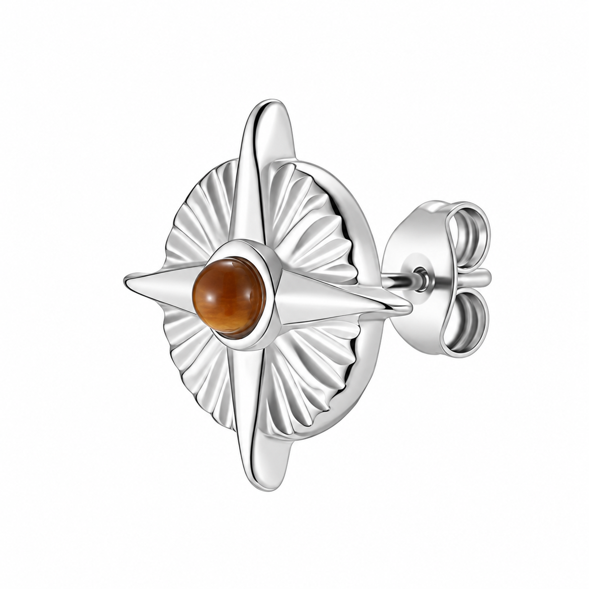 Silver-tone compass stone stud earring on white background