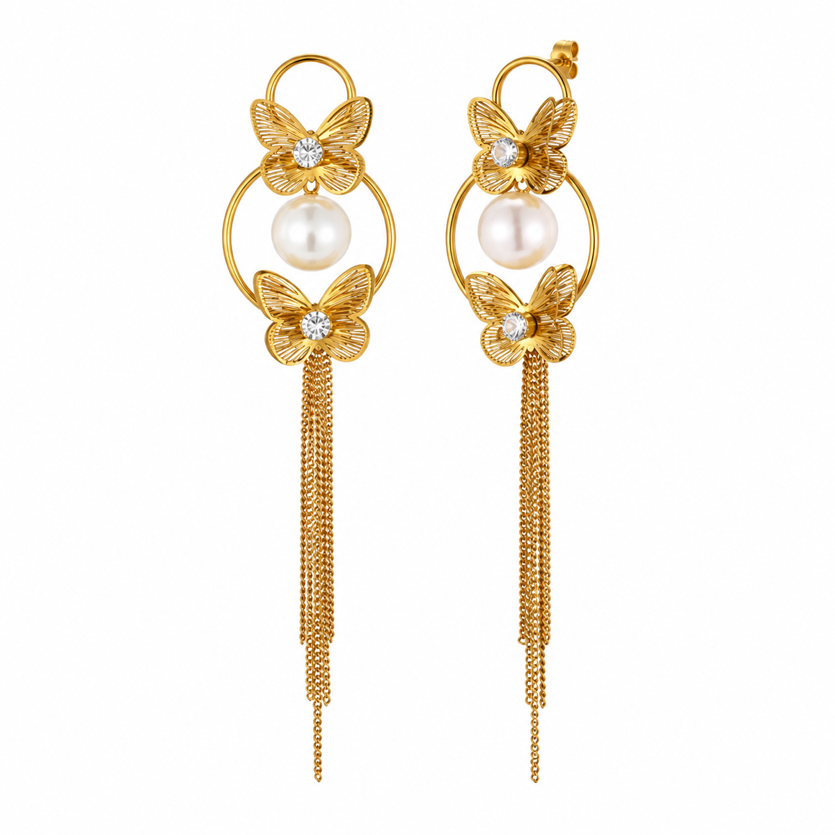 Gold-tone butterfly pearl chain tassel earrings on white background