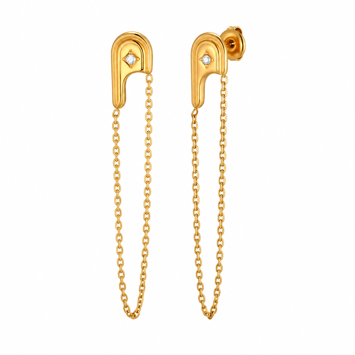Gold-tone crystal chain drop earrings on white background