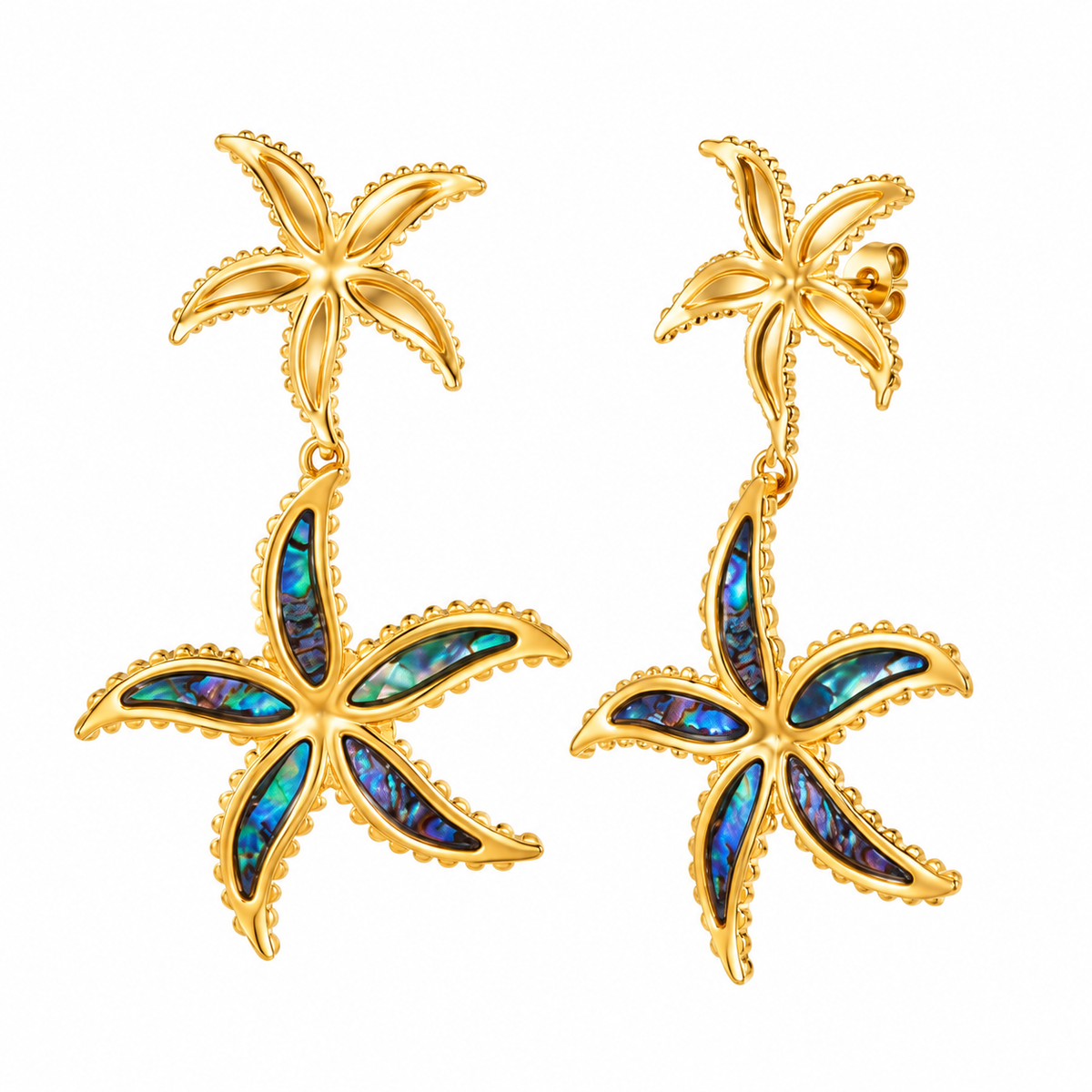 Gold-tone iridescent starfish drop earrings on white background