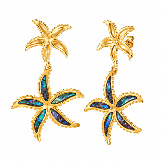 Gold-tone iridescent starfish drop earrings on white background