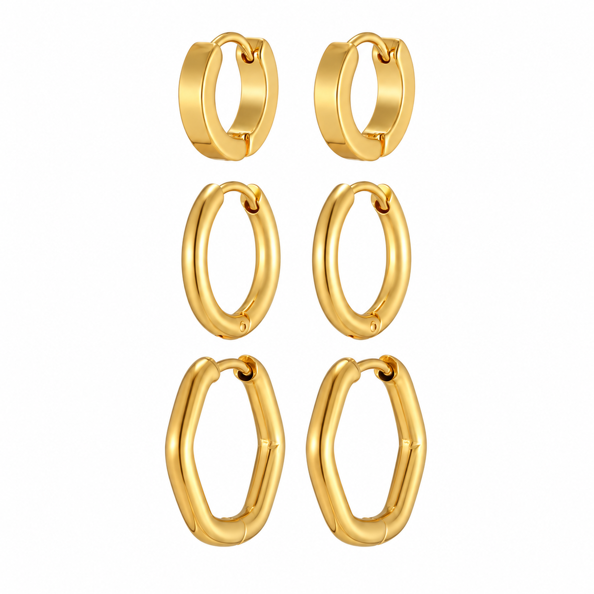 Three-pair gold-tone hinged hoop earring set on white background