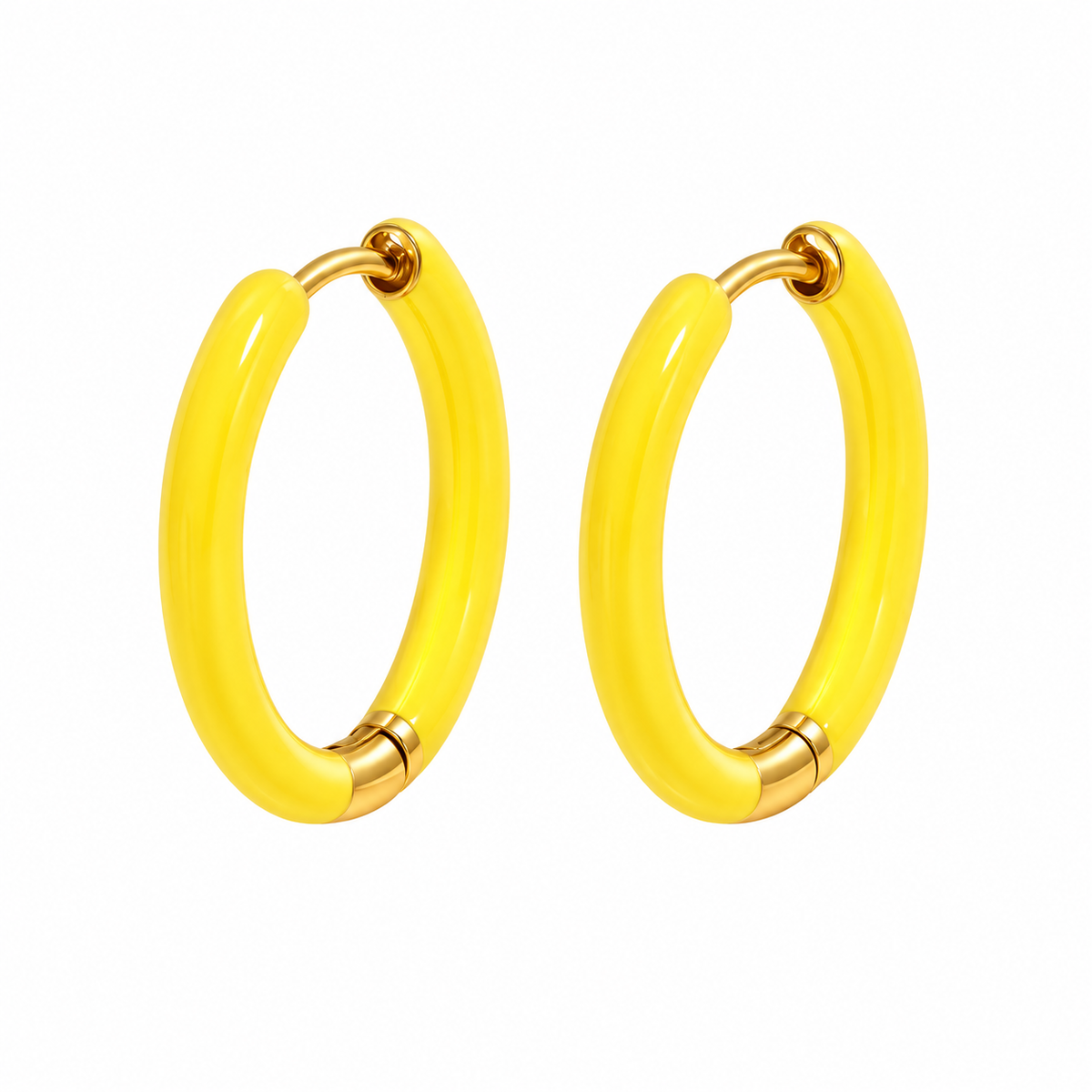 Yellow enamel oval hoop earrings on white background