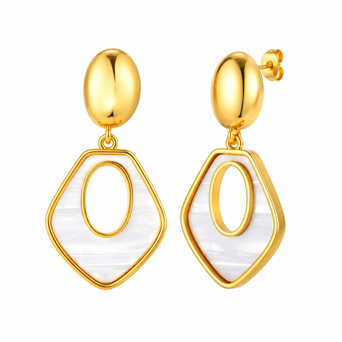 Gold-tone mother-of-pearl geometric drop earrings on white background