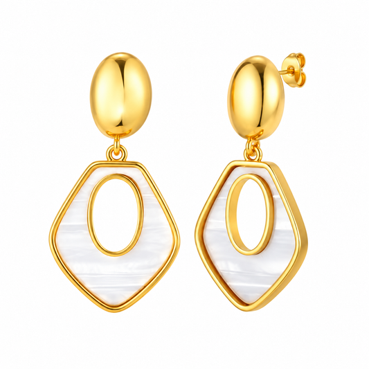 Gold-tone mother-of-pearl geometric drop earrings on white background