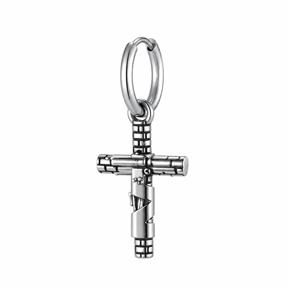 Antique silver cross hoop earring on white background