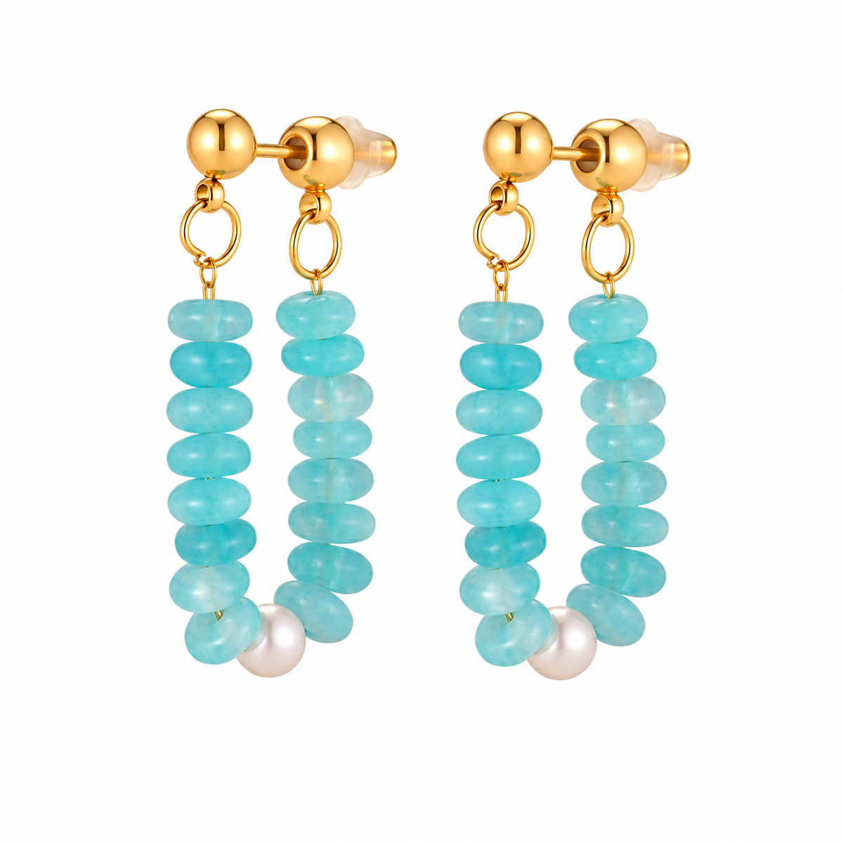 Aqua stone bead and pearl loop drop earrings on white background