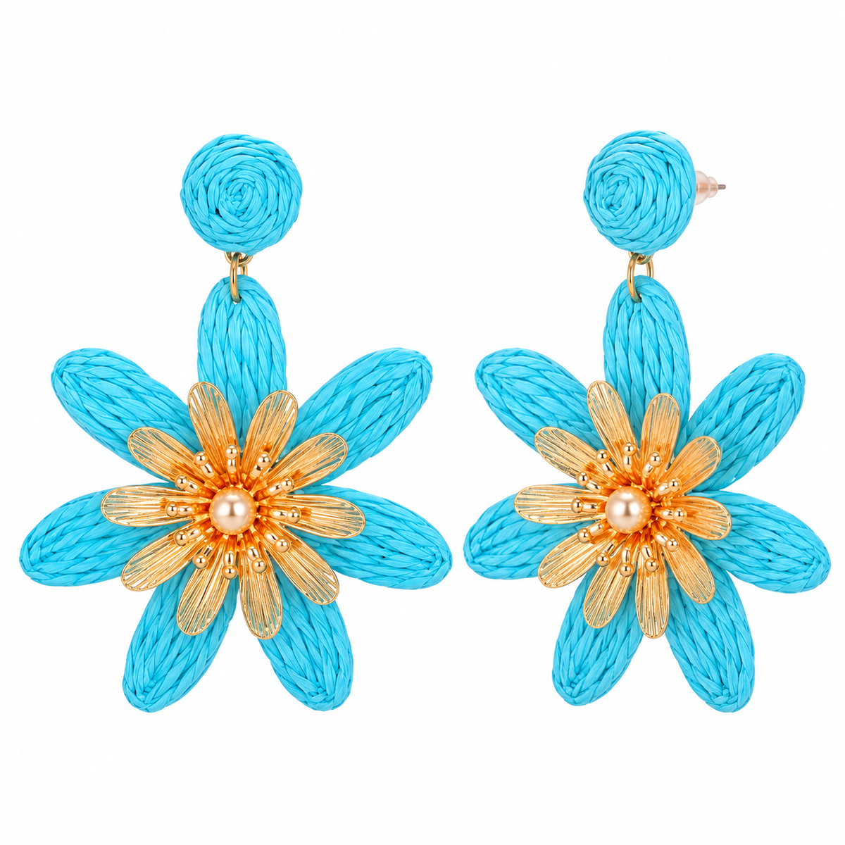 Turquoise woven flower statement earrings on white background