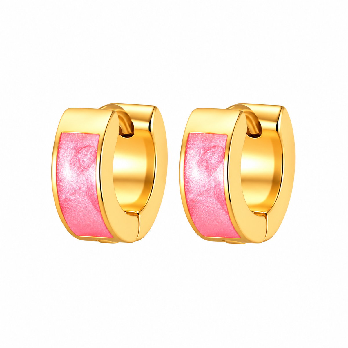 Gold-tone pink pearlescent enamel huggie earrings on white background