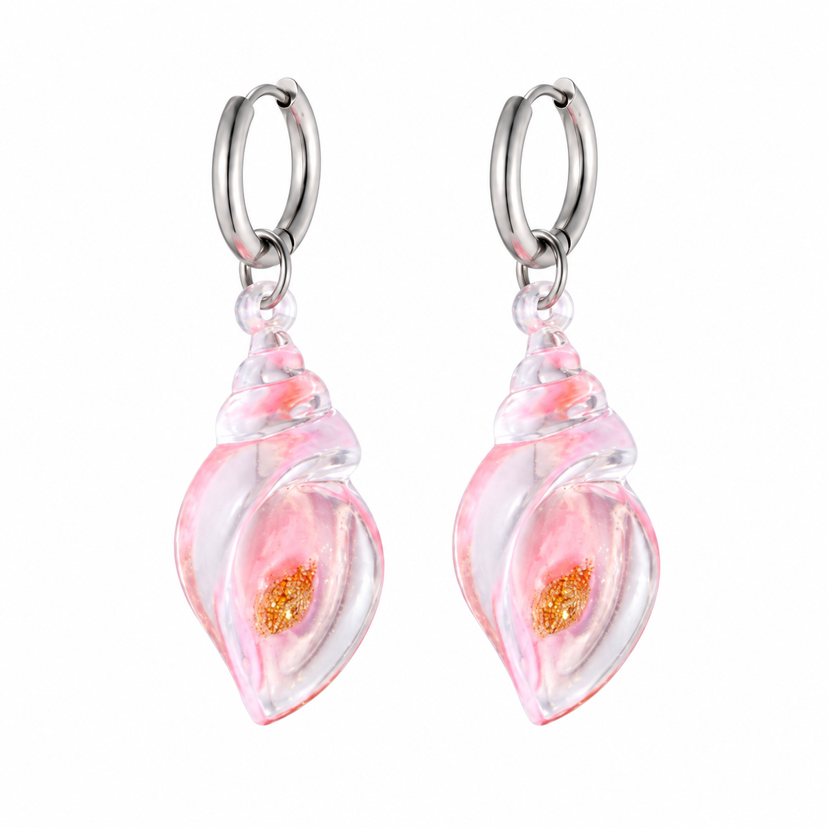 Pink shell charm drop earrings on white background