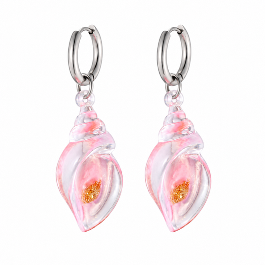 Pink shell charm drop earrings on white background