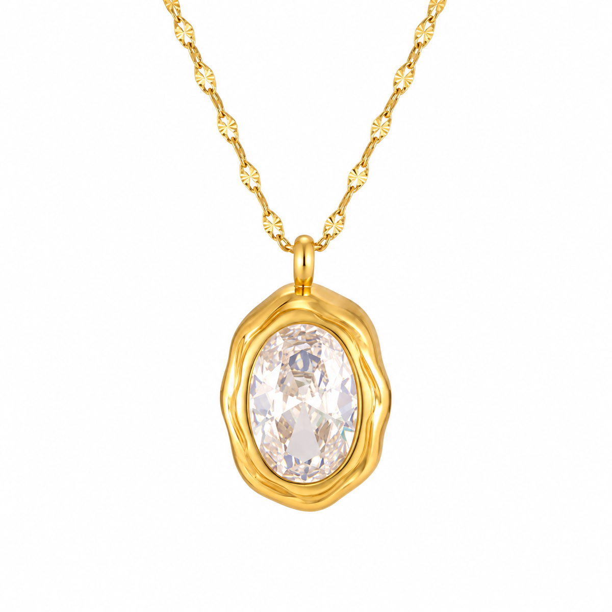 Gold-tone clear faceted oval pendant necklace on white background