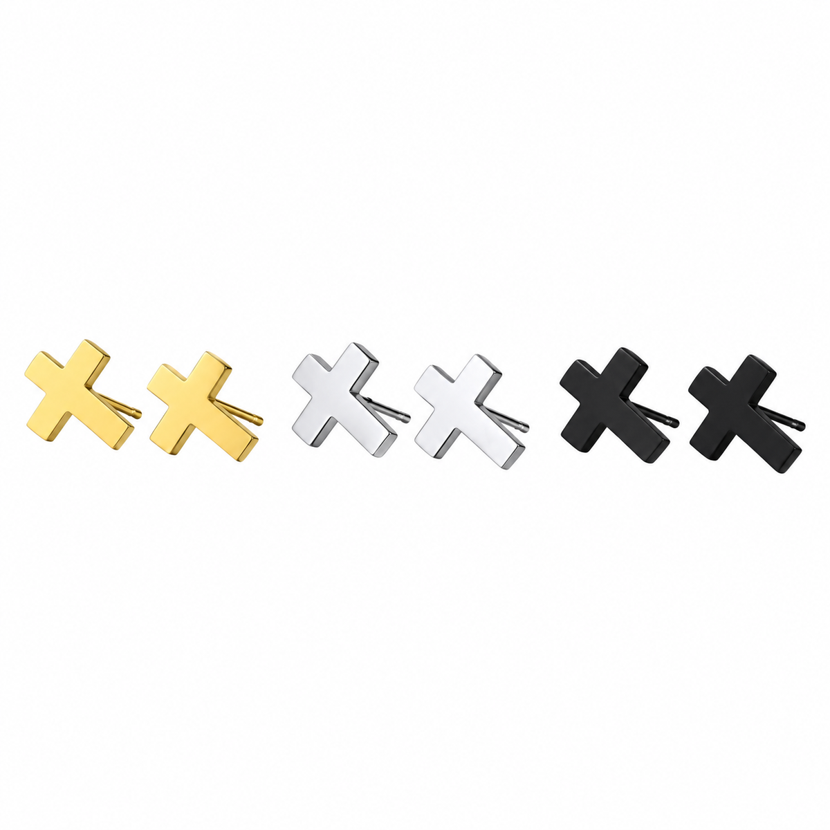 Gold silver and black cross stud earrings on white background