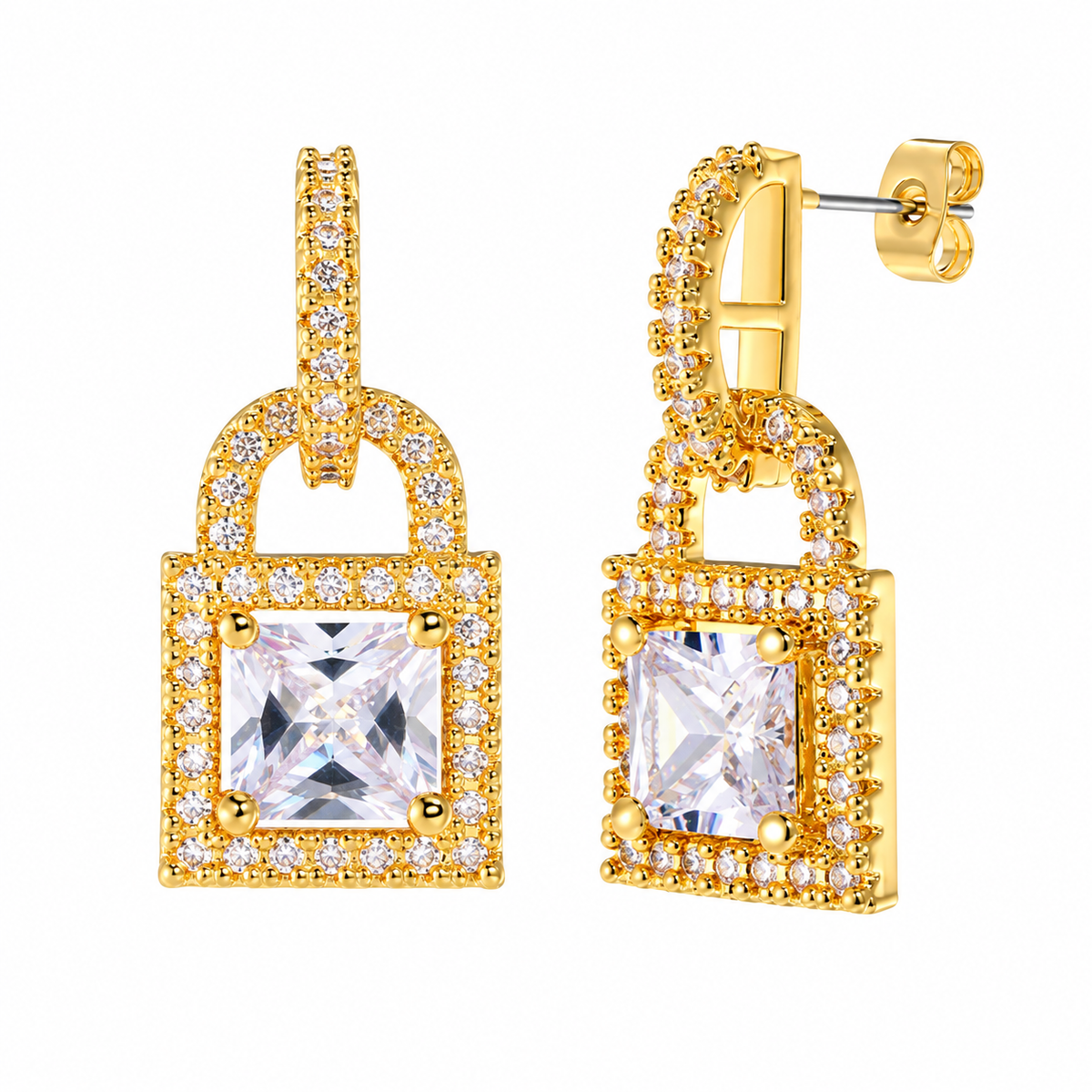 Gold-tone crystal padlock drop earrings on white background