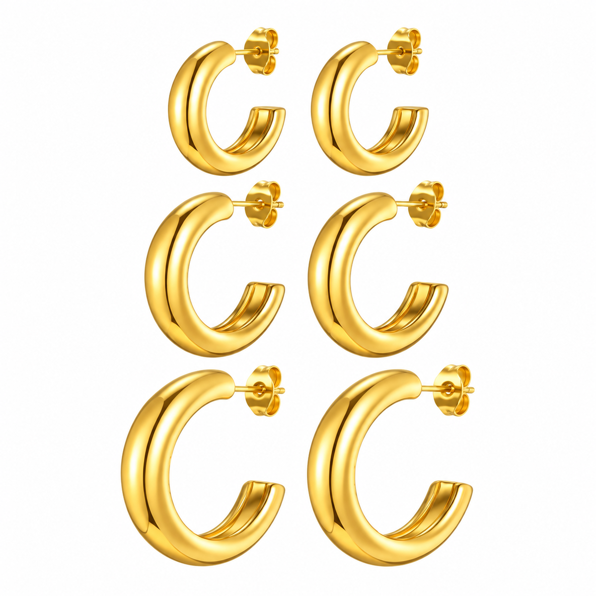 Three pairs of gold-tone chunky open hoop earrings on white background