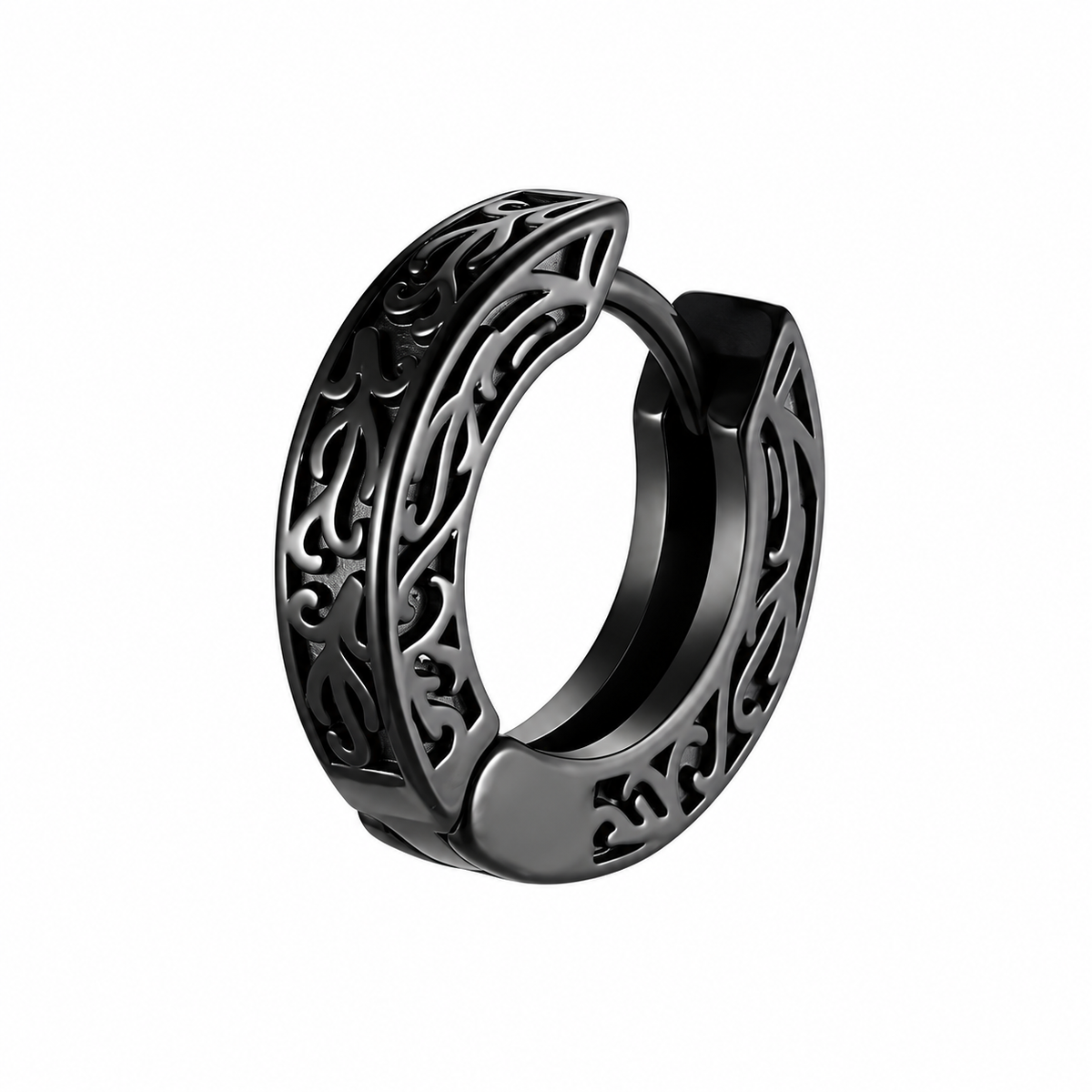 Black filigree huggie hoop earring on white background