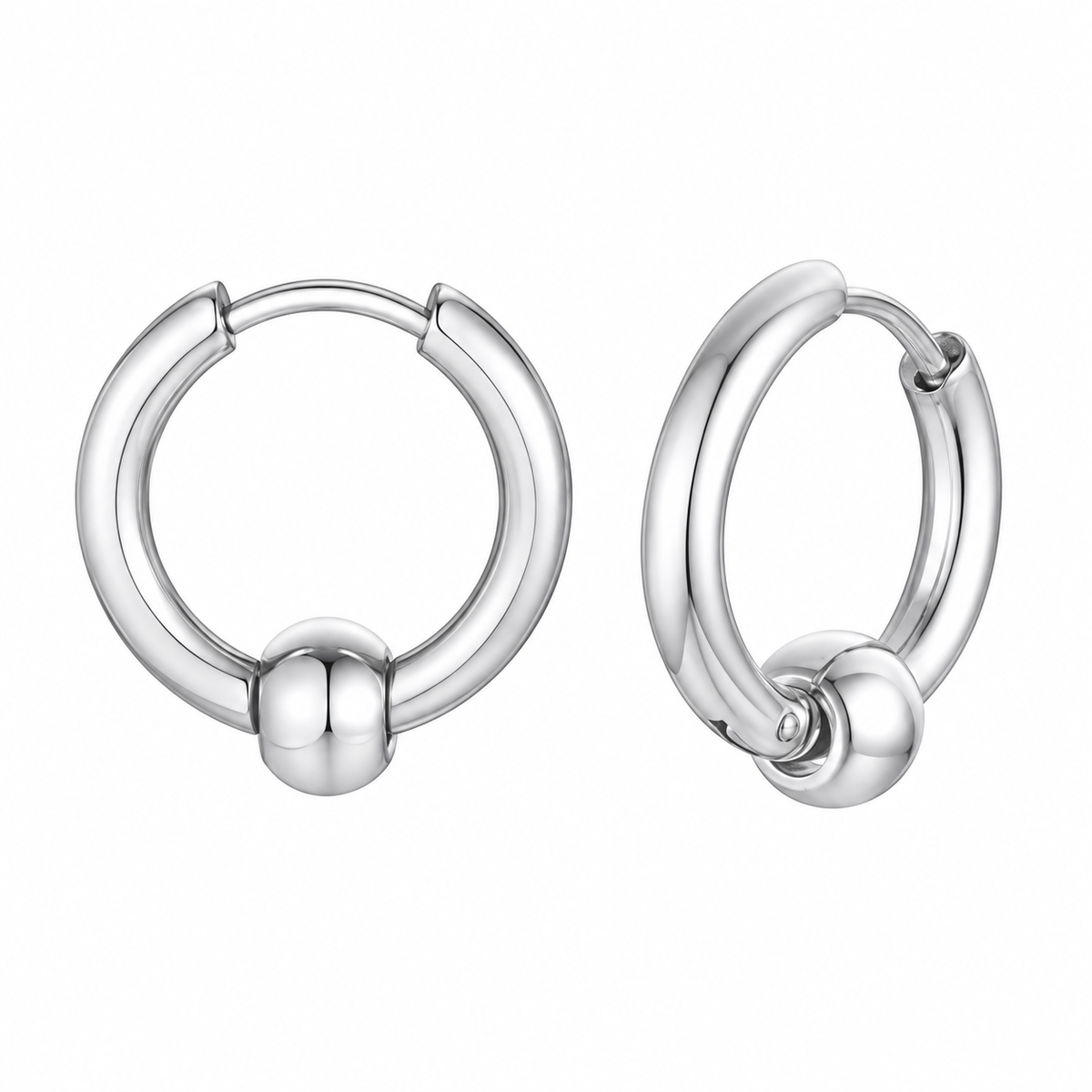 Polished silver-tone bead hoop earring on white background