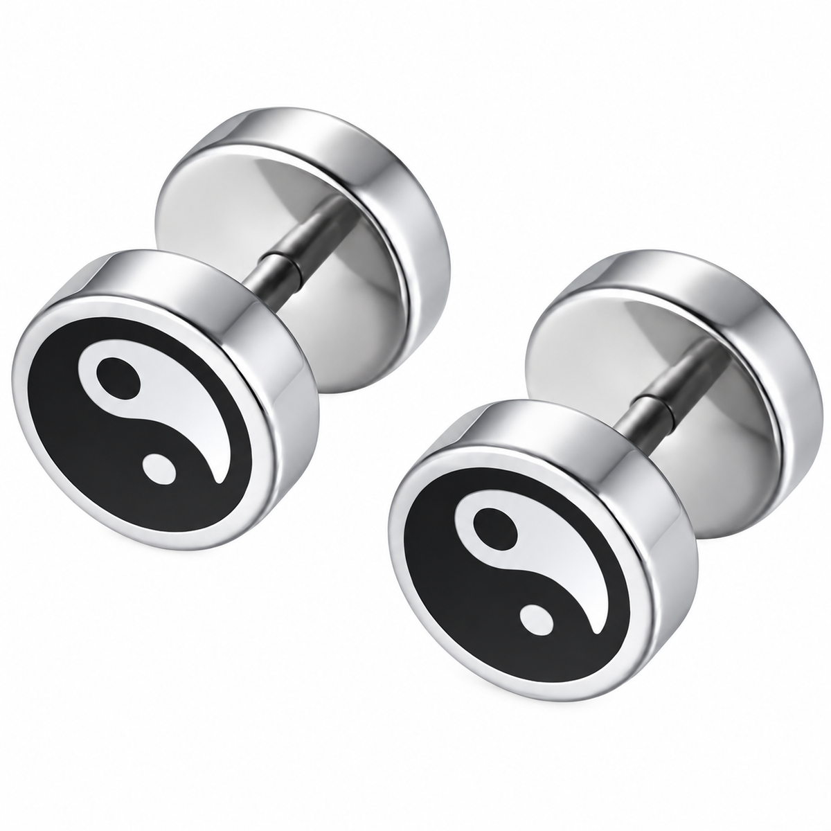 Pair of silver-tone yin-yang illusion stud earrings on a pure white background