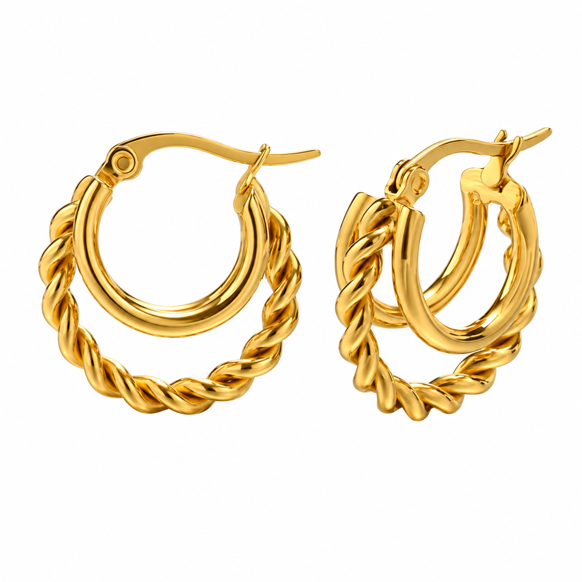 Gold-tone twisted rope hoop earrings on a pure white background