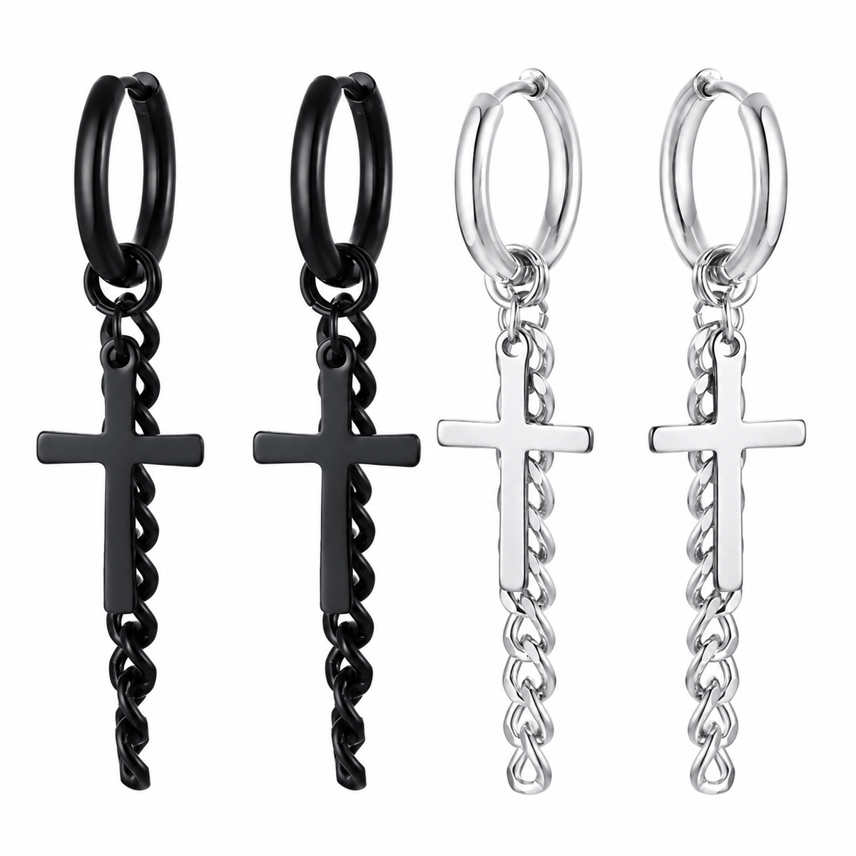 Cross and chain hoop earrings in silver and black on a pure white background