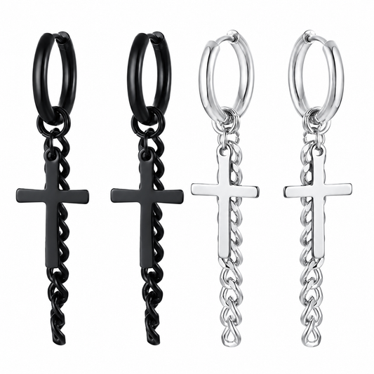 Cross and chain hoop earrings in silver and black on a pure white background