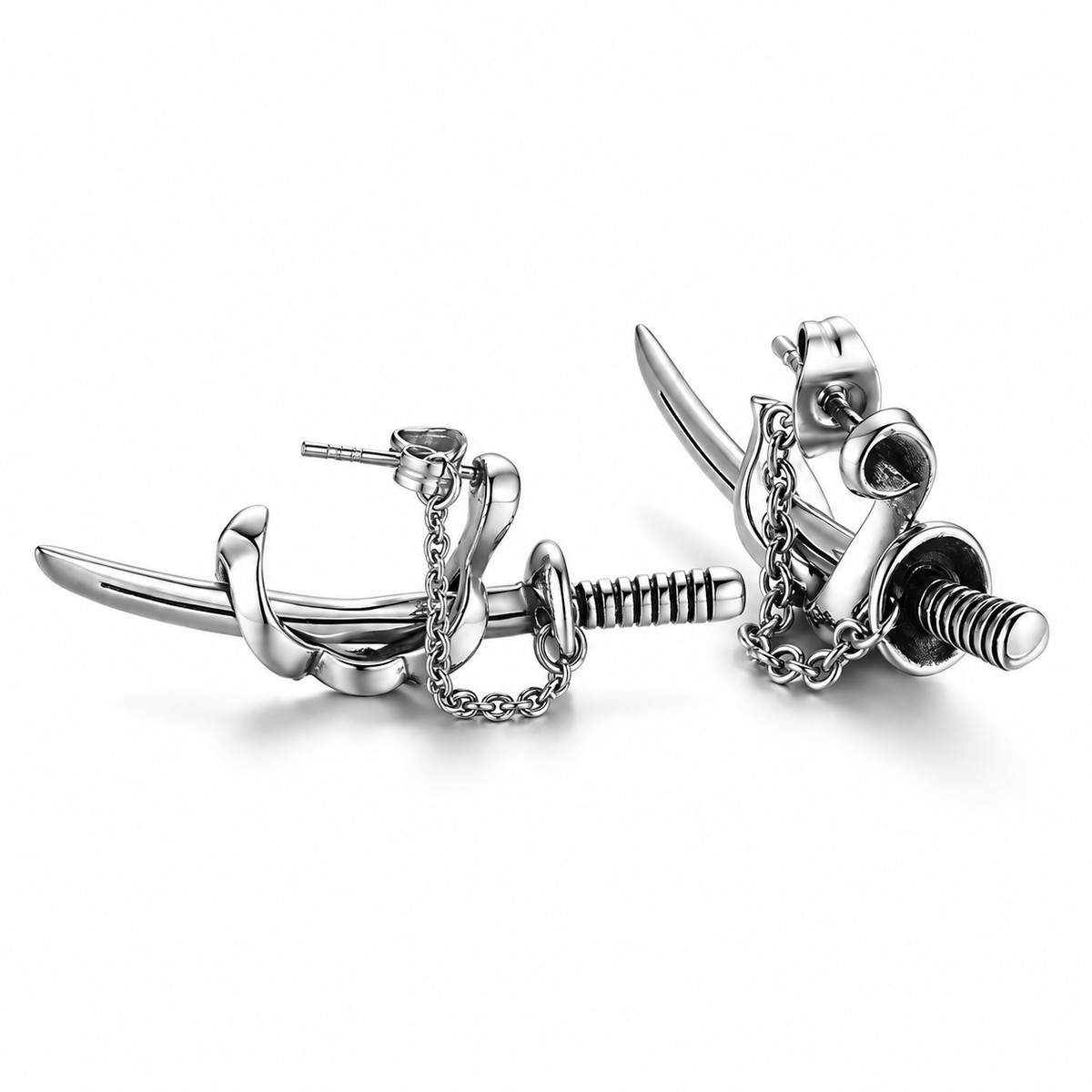 Pair of silver-tone industrial nail and chain stud earrings on a pure white background
