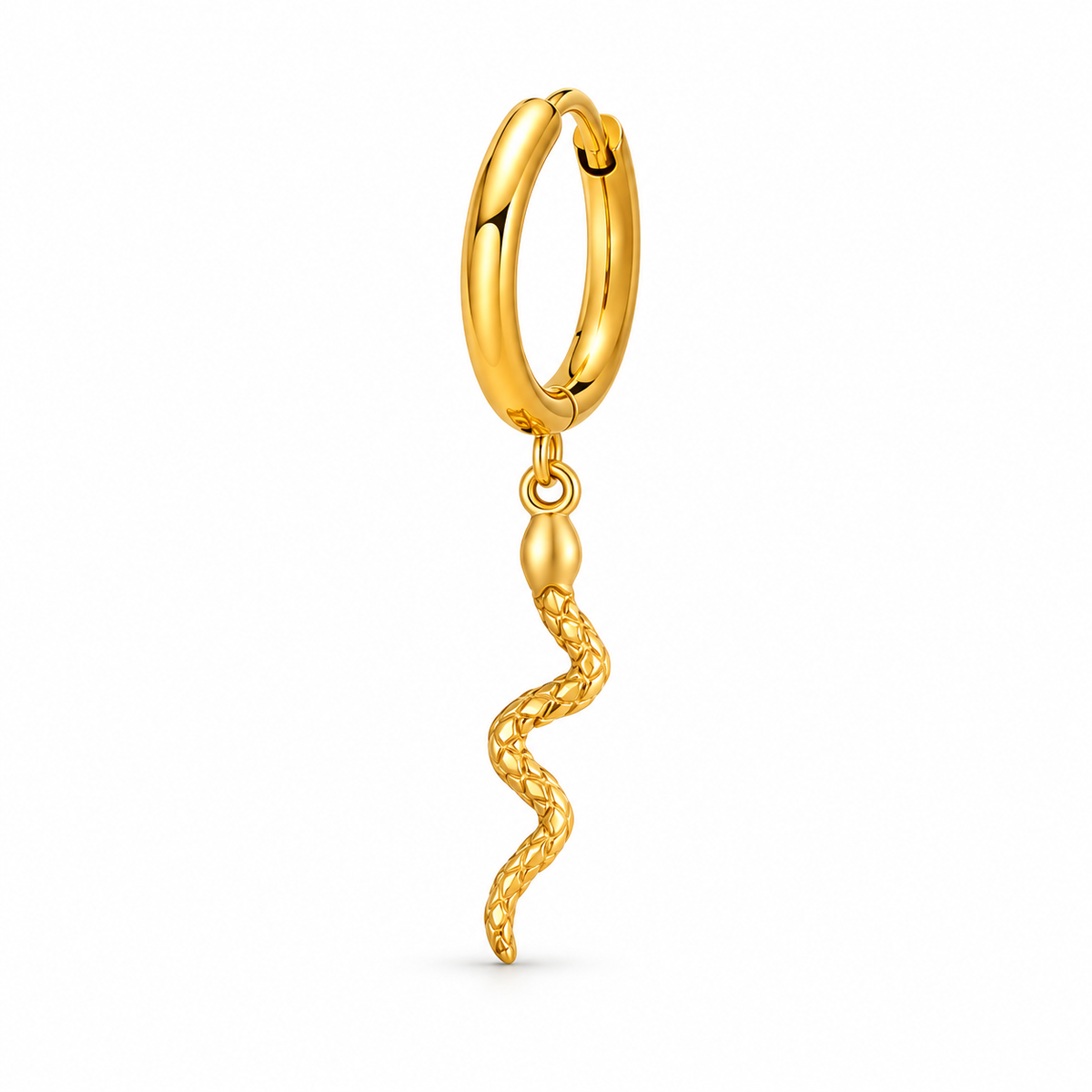 Gold-tone snake charm hoop earring on a pure white background