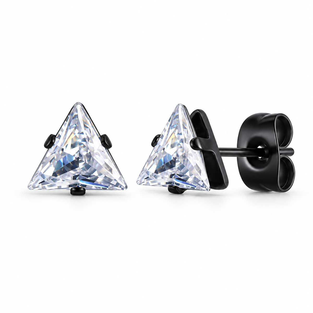 Black-tone triangle crystal stud earrings on a pure white background