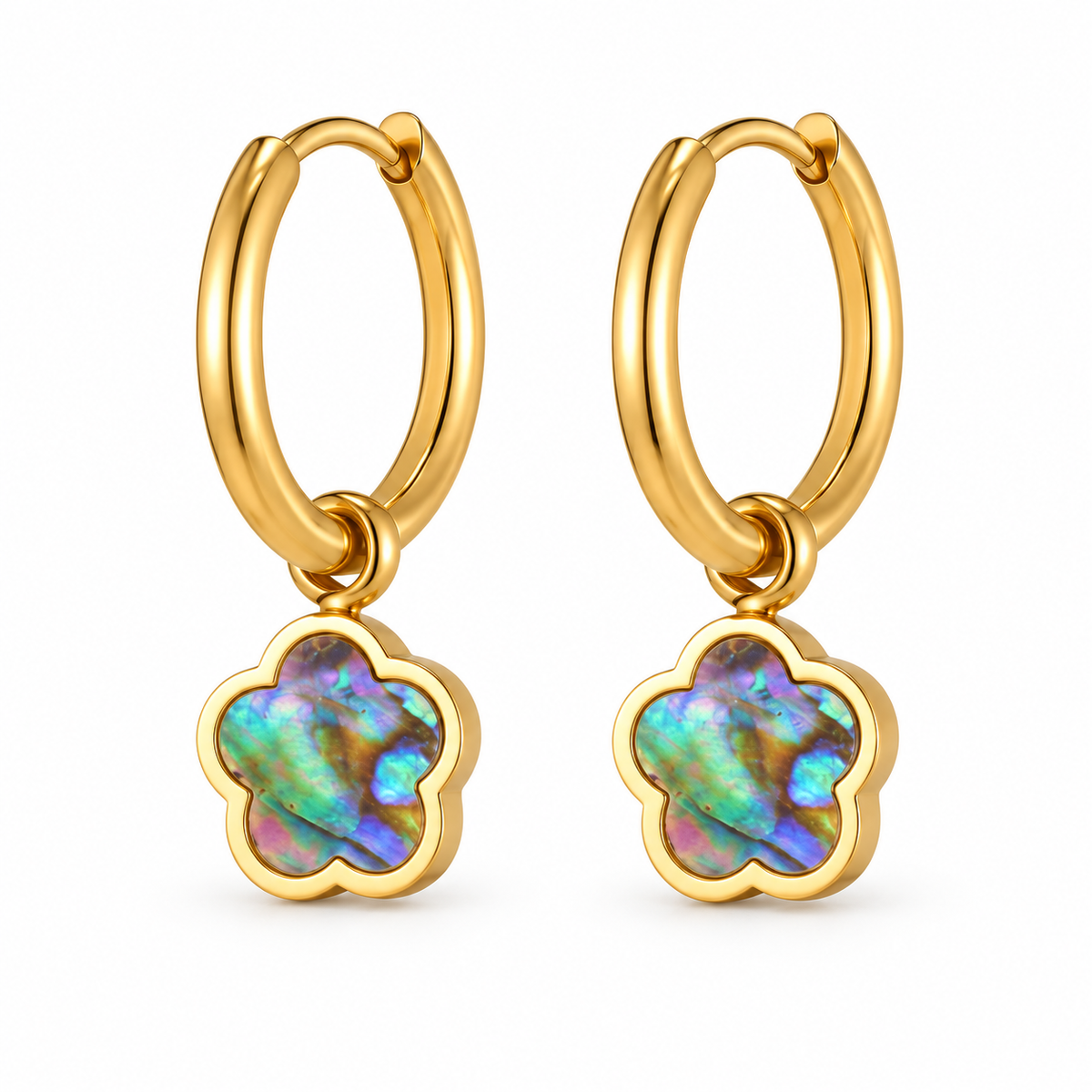 Gold-tone hoop earrings with iridescent flower charms on a pure white background