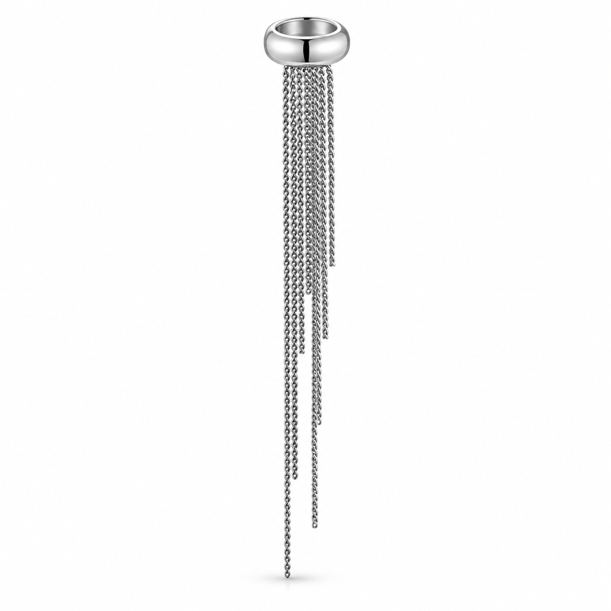 Silver-tone chain tassel ear cuff on a pure white background